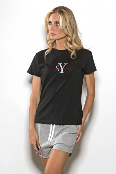 T-shirt girocollo donna in cotone tinta unita con stampa Sweet Years