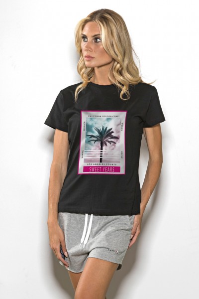 T-shirt donna in cotone tinta unita stampa di palme Sweet Years.