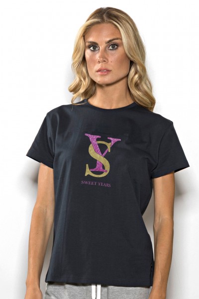 T-shirt girocollo donna in cotone tinta unita con stampa Sweet Years centrale multicolor.