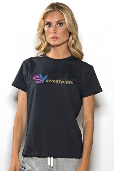 T-shirt girocollo donna in cotone tinta unita con stampa Sweet Years centrale multicolor.