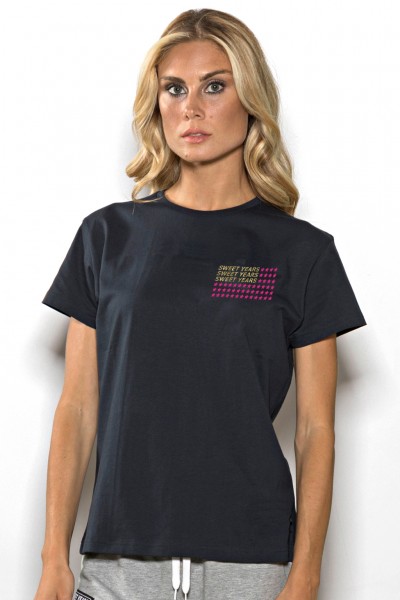 T-shirt girocollo donna in cotone tinta unita con stampa Sweet Years multicolor.