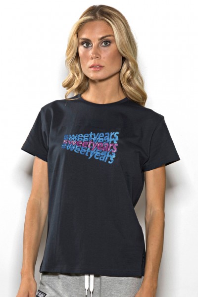 T-shirt girocollo donna in cotone tinta unita con stampa Sweet Years centrale multicolor.