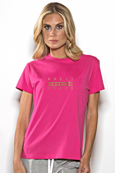 T-shirt girocollo donna in cotone tinta unita con stampa Sweet Years centrale dorata.