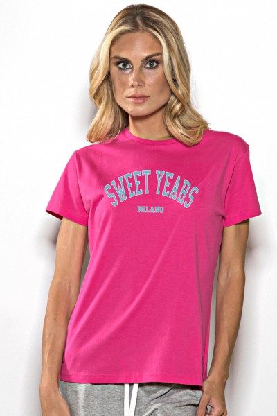 T-shirt girocollo donna in cotone tinta unita con stampa Sweet Years centrale multicolor.