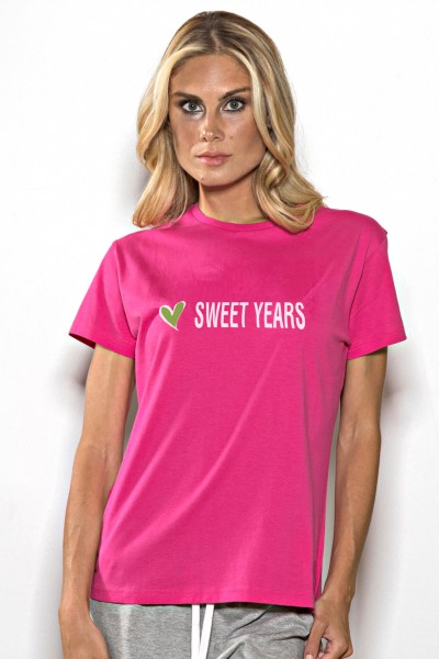 T-shirt girocollo donna in cotone tinta unita con stampa Sweet Years centrale multicolor.