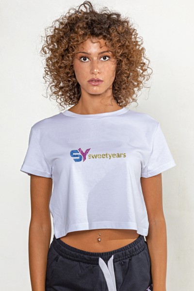 T-shirt corta girocollo donna in cotone tinta unita con stampa multicolor.