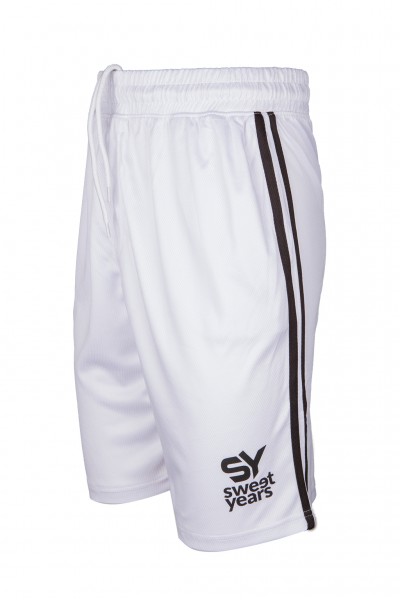 Pantaloncini da uomo in tessuto tecnico di colore bianco con bande verticali e marchio in contrasto Sweet Years.
