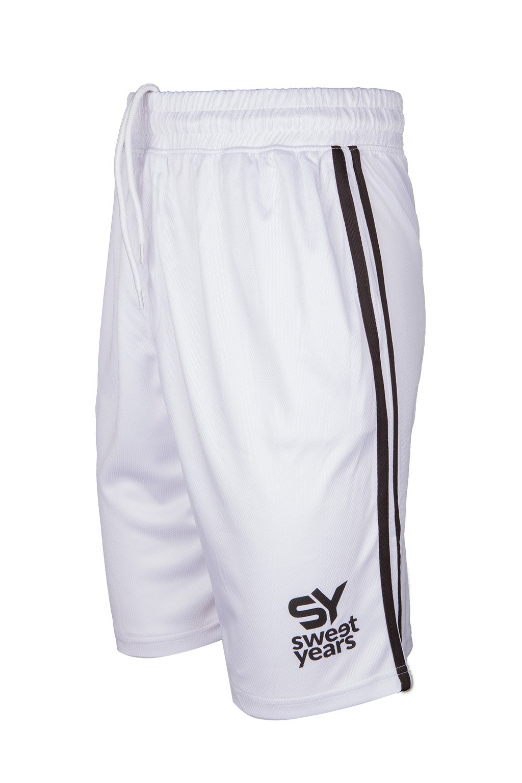 Pantaloncini da uomo in tessuto tecnico di colore bianco con bande verticali e marchio in contrasto Sweet Years.