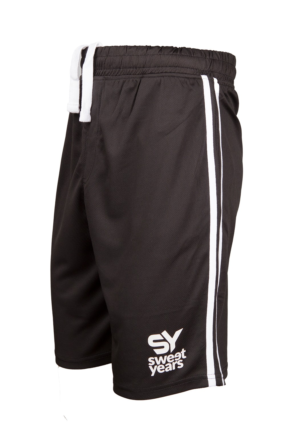 Pantaloncini da uomo in tessuto tecnico di colore nero con bande verticali e marchio in contrasto Sweet Years.