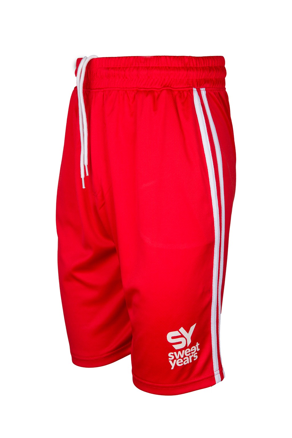 Pantaloncini da uomo in tessuto tecnico di colore rosso con bande verticali e marchio in contrasto Sweet Years.