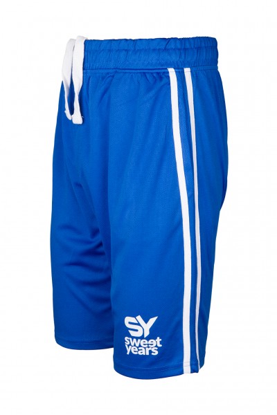Pantaloncini da uomo in tessuto tecnico di colore royal con bande verticali e marchio in contrasto Sweet Years.