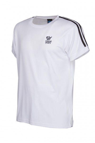T-shirt da padel per uomo in tessuto tecnico di colore bianco con bande sulle maniche e marchio in contrasto Sweet Years.