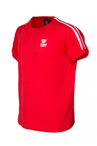 T-shirt da padel per uomo in tessuto tecnico di colore rosso con bande sulle maniche e marchio in contrasto Sweet Years.
