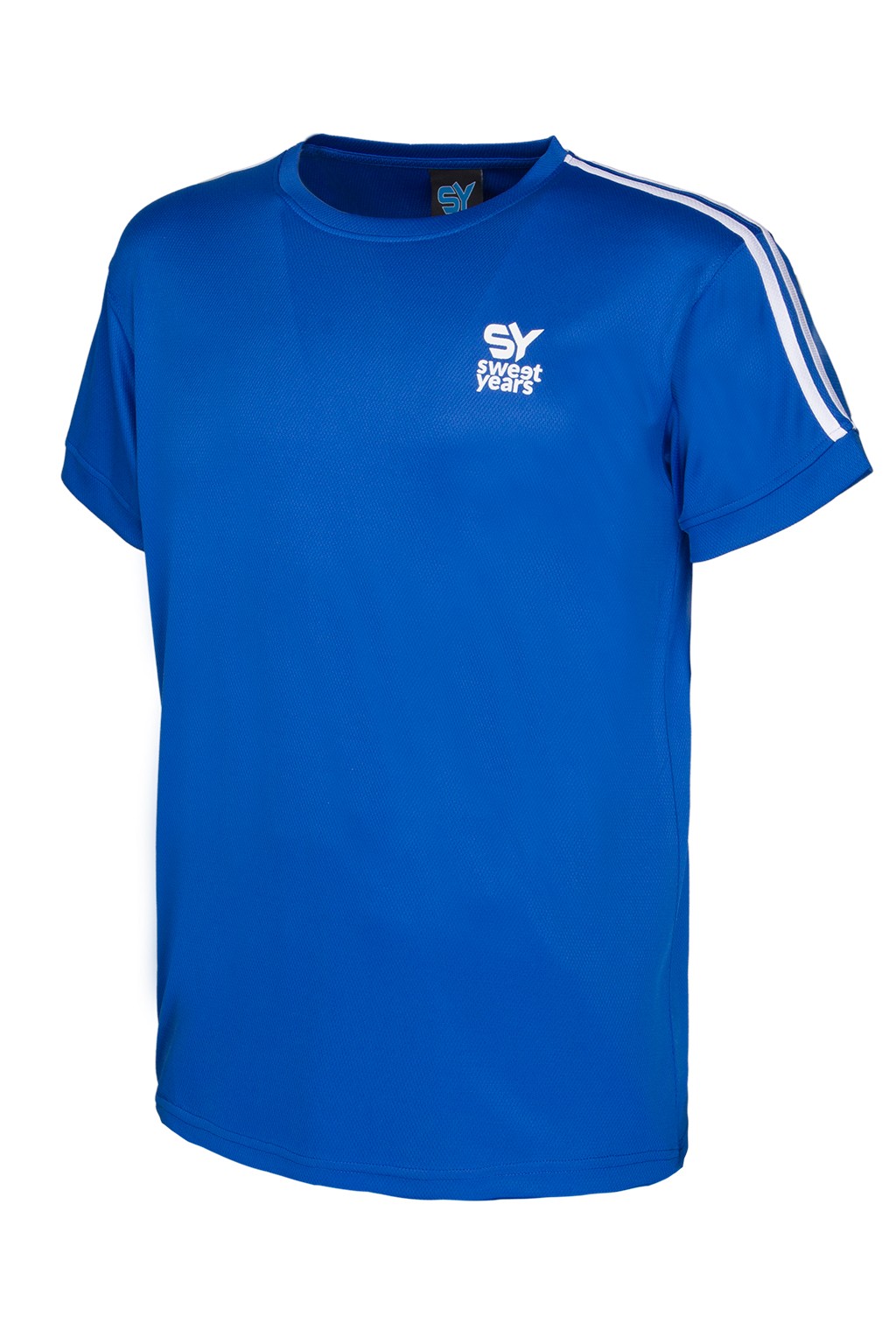 T-shirt da padel per uomo in tessuto tecnico di colore royal con bande sulle maniche e marchio in contrasto Sweet Years.