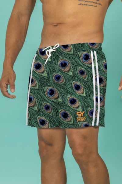 Boxer da mare da uomo fantasia piume di pavone con coulisse e bande laterali in contrasto Sweet Years.